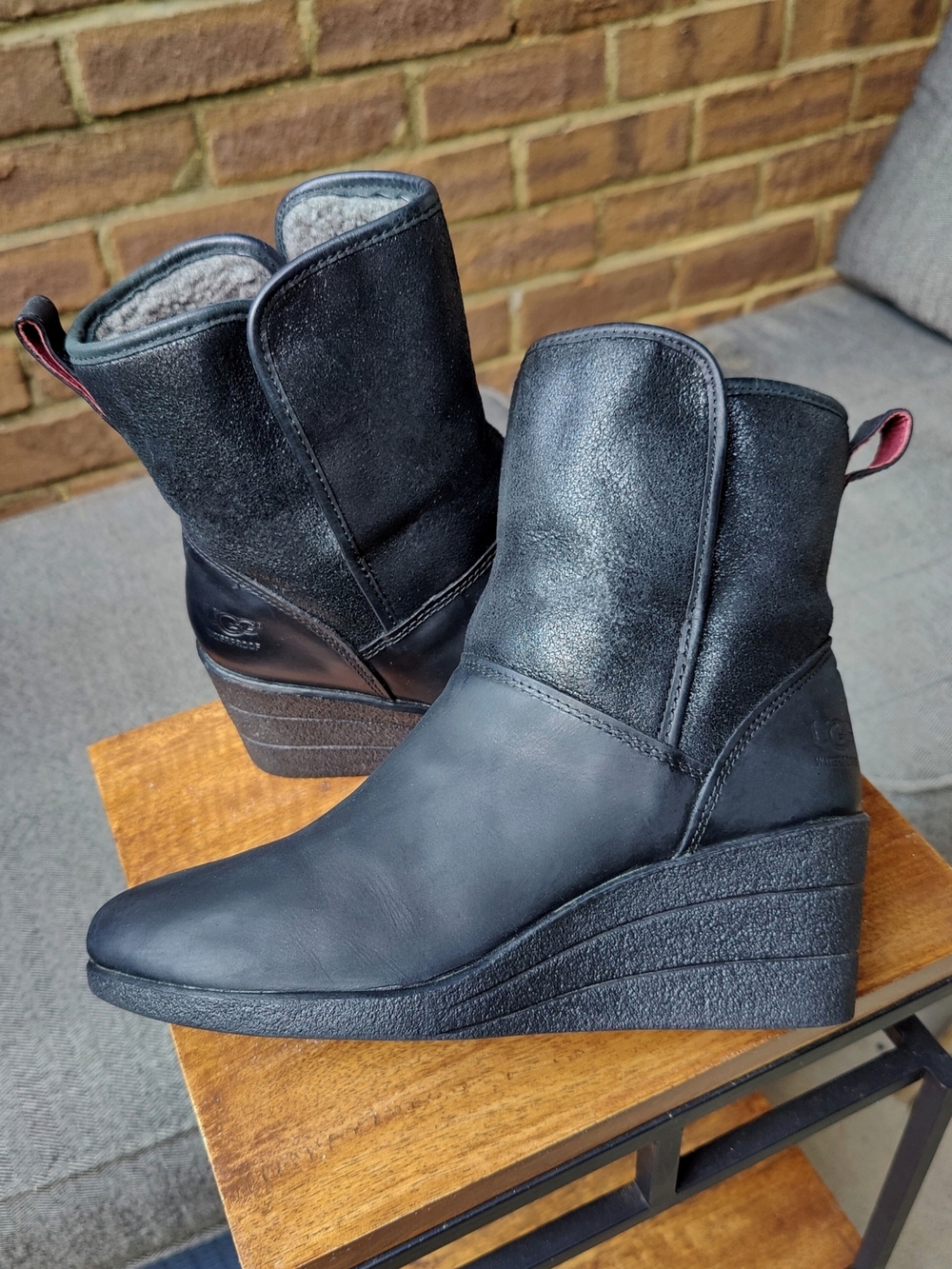 UGG Womens 8 Renatta Waterproof Leather Wedge Booties Ankle Boots Black Suede